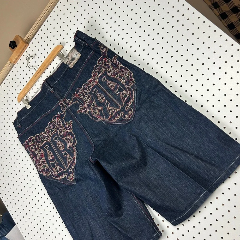 Red Ape Authentic Denim Shorts Size 46 Embroidered Baggy Y2K Hip Hop Gothic Blue